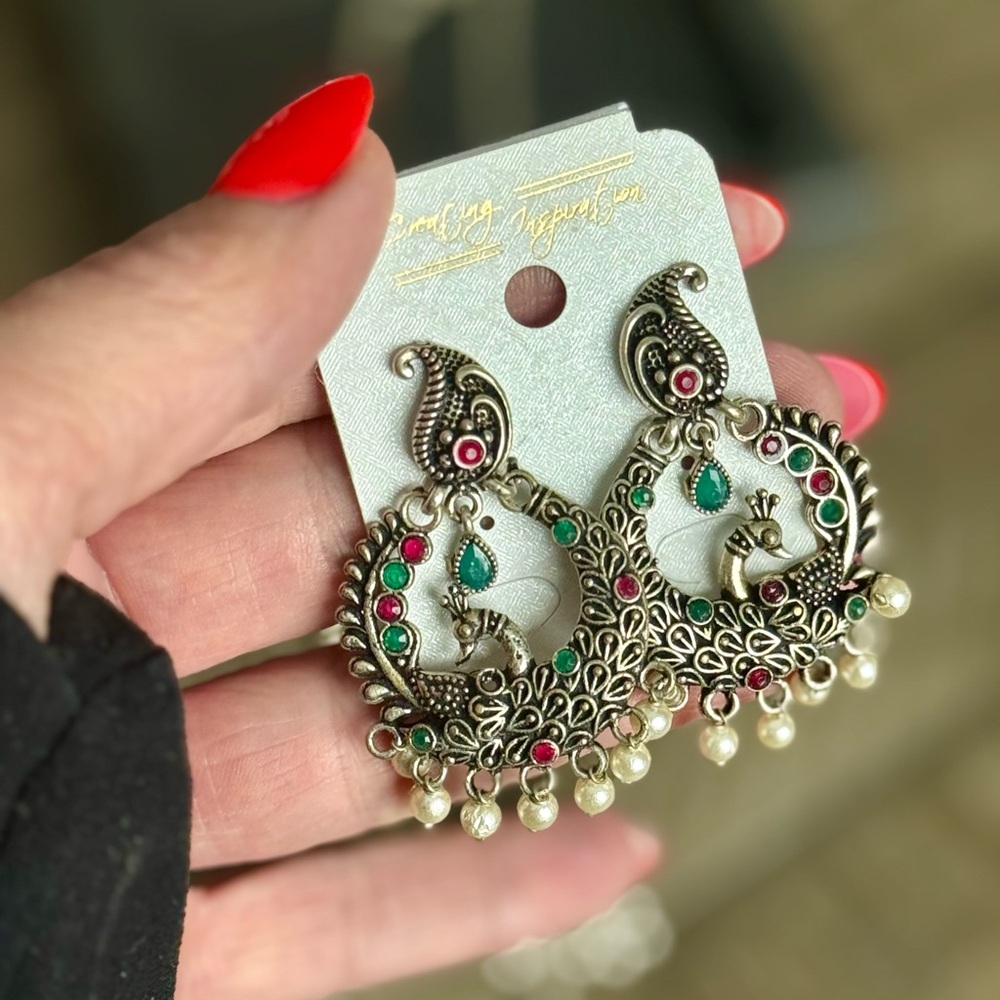 Elegant Silver necklace and Peacock earring set from India